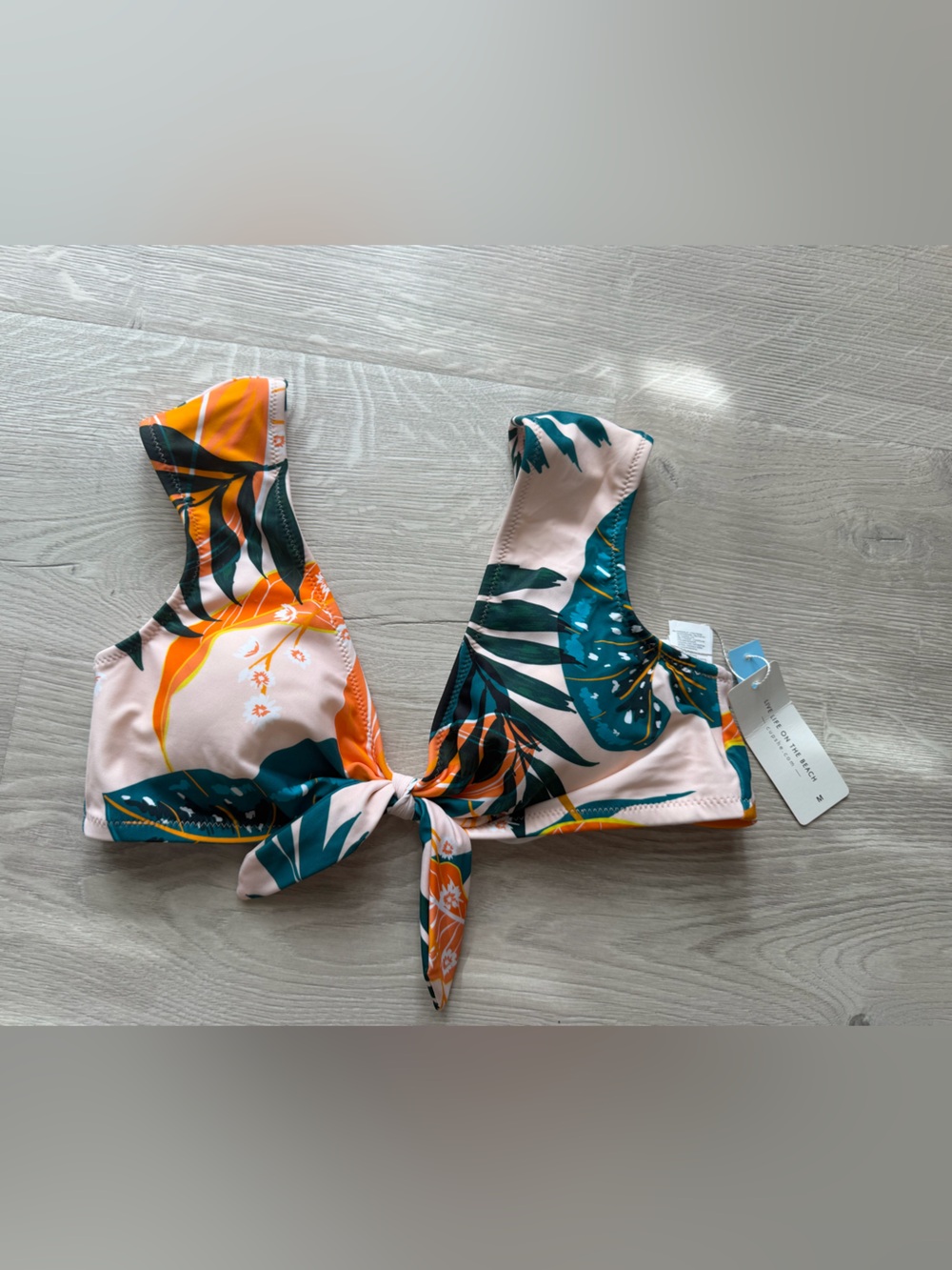 CUPSHE Tropical Print Tie-Front Bikini Top - Teal, Peach & Orange